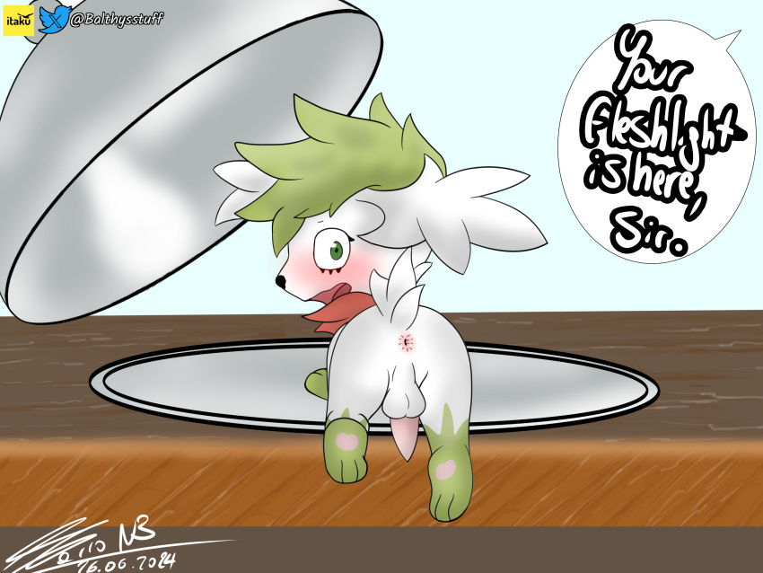 absurd_res balthysstuff cloche embarrassed feral feral_only first_person_view generation_4_pokemon hi_res legendary_pokemon looking_at_viewer looking_back nintendo pokemon pokemon_(species) presenting shaymin sky_forme_shaymin solo speech_bubble text