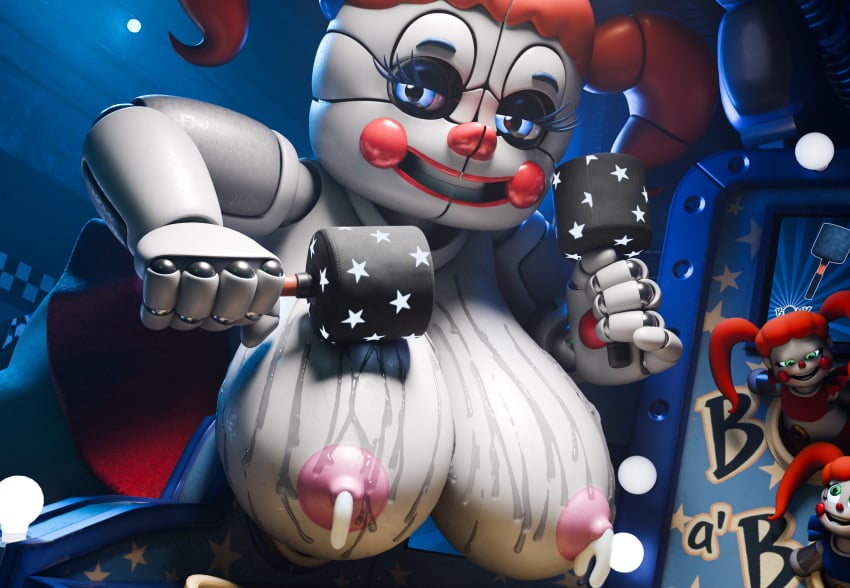 3d 3d_(artwork) 3girls baby_(fnafsl) blue_eyes breasts breasts_out circus_baby circus_baby_(fnaf) circus_baybee_(jordevoir) female female_only five_nights_at_freddy's five_nights_at_freddy's:_sister_location green_eyes high_resolution highres jordevoir looking_at_viewer plush_baby red_hair robot robot_girl robot_humanoid skirt white_body