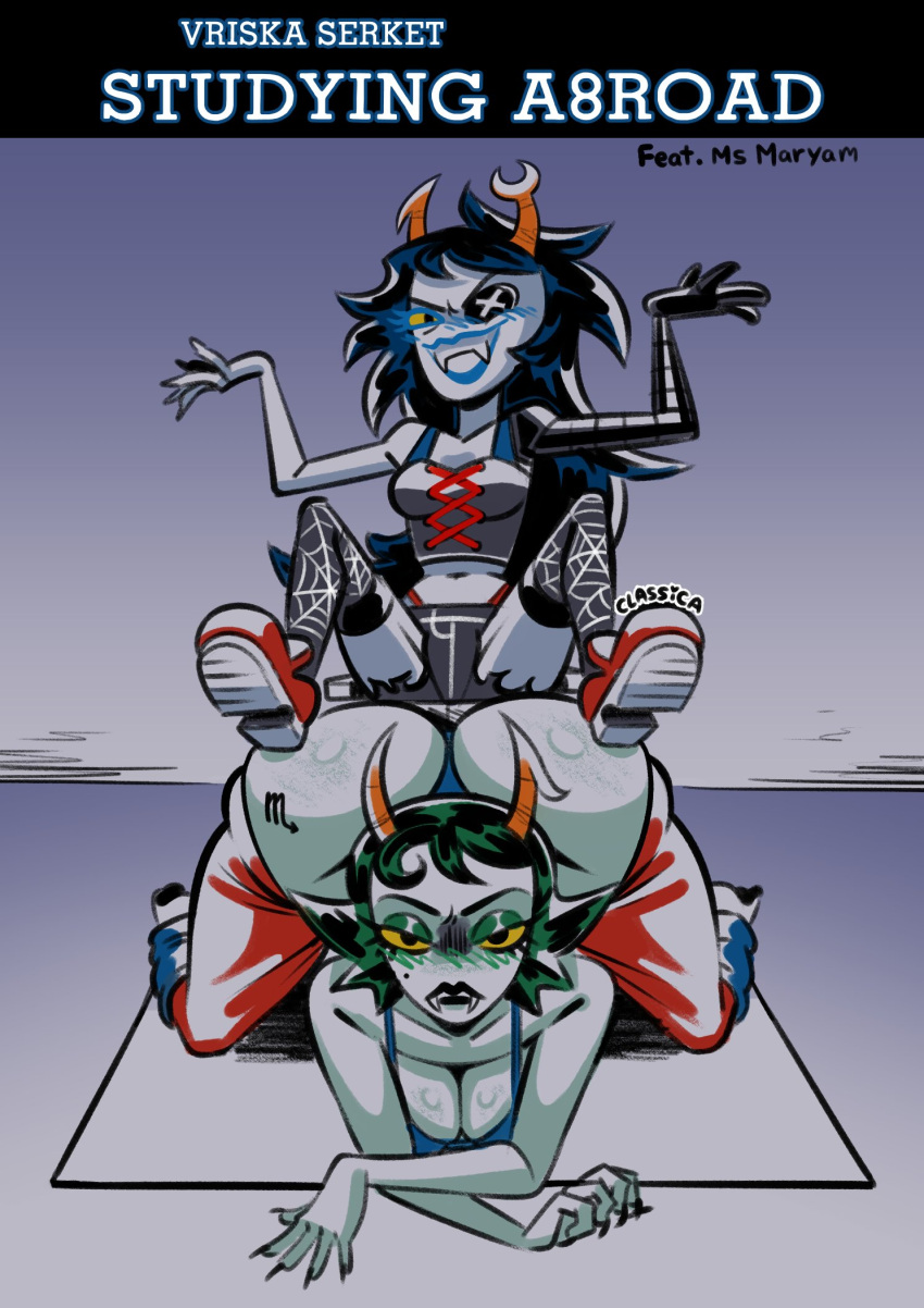 alien black_hair colored_skin gray_skin grey_skin gym homestuck homestuck_troll horn horns kanaya_maryam long_hair long_hair_female pierump robotic_arm sports_bra sportswear troll vriska_serket