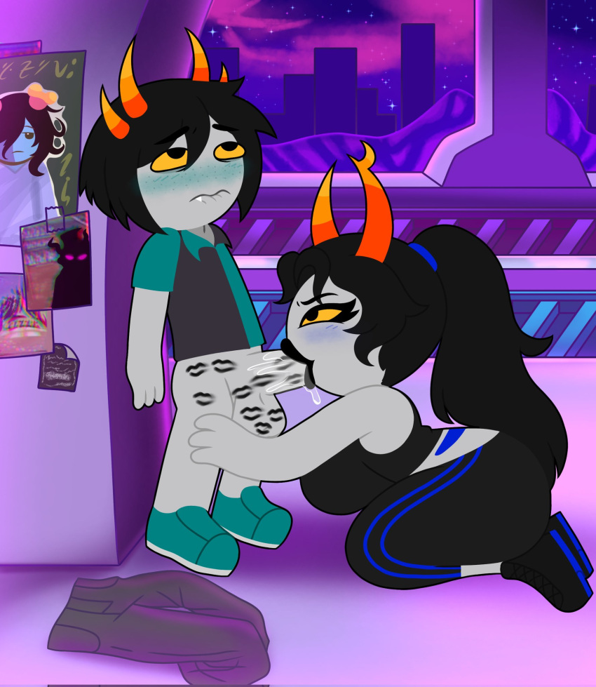 1boy 1girls alien black_hair blowjob color colored_skin fellatio grey_skin homestuck homestuck_oc homestuck_troll horn horns lipstick lipstick_mark lustydrawy original_character original_characters sweatpants tight_clothing troll yoga_pants