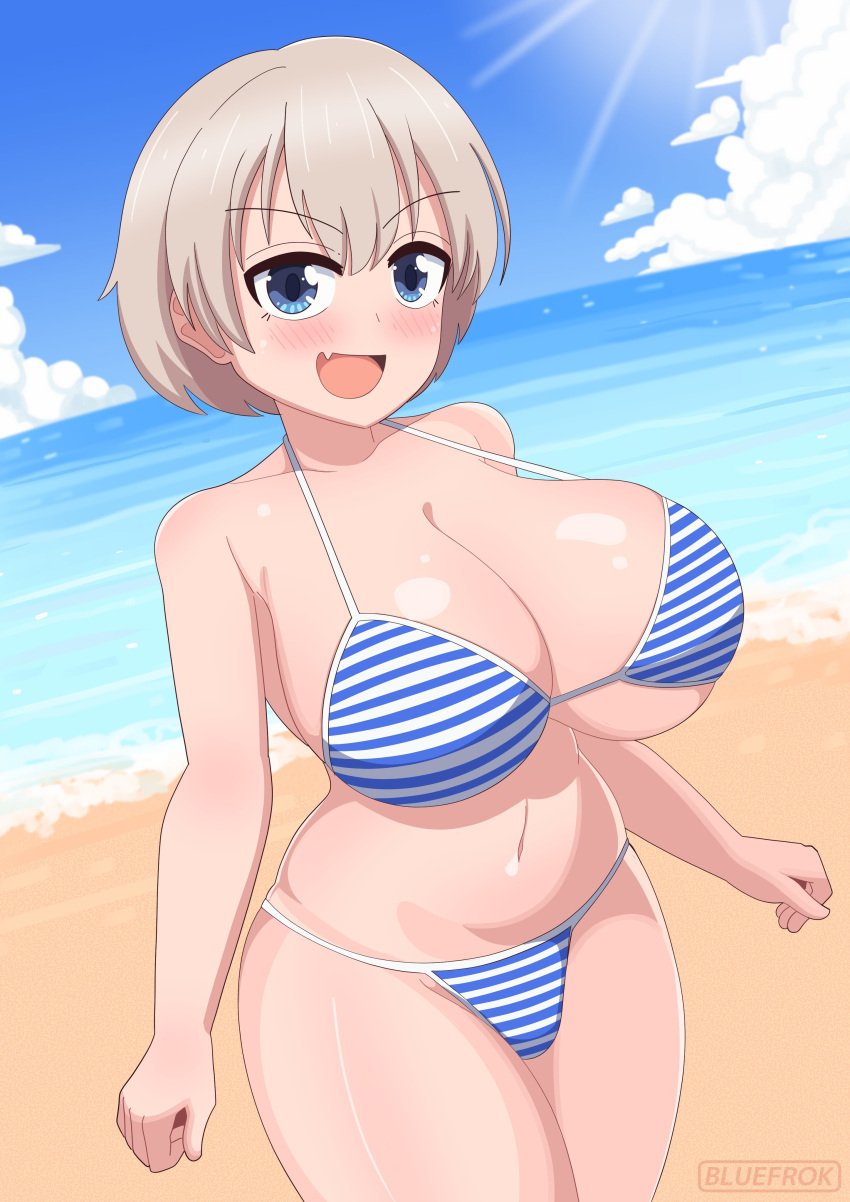 1girls big_breasts bikini bikini_bottom bikini_top blue_bikini blue_eyes bluefrok blush bottomwear breasts cleavage female female_only grey_hair hair huge_breasts large_breasts open_mouth smile solo solo_female striped_bikini swimwear thighs topwear uzaki-chan_wa_asobitai! uzaki_hana