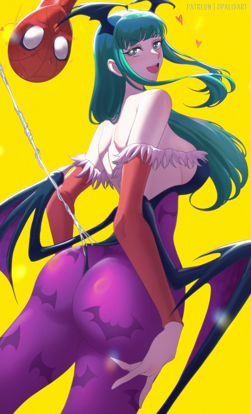 1boy 1girls ass big_ass big_breasts breasts capcom crossover darkstalkers dat_ass eastern_and_western_character female female_focus green_eyes green_hair head_wings huge_ass large_ass large_breasts long_hair male marvel marvel_comics marvel_vs._capcom morrigan_aensland opalisart sideboob spider-man spider-man_(series) upside-down upside_down wings