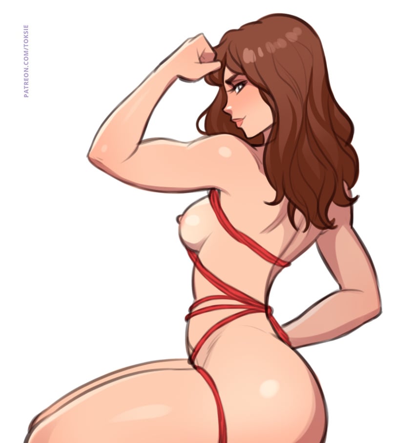 1girls 2d 2d_(artwork) areolae ass bondage breasts brown_hair female female_focus female_only flexing looking_at_viewer nipples rope rope_bondage simple_background solo solo_female solo_focus toksie