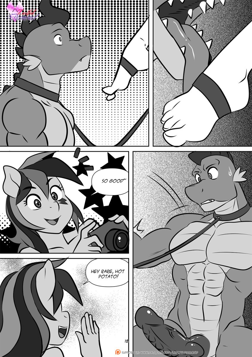 anthro areola biped breasts camera collar comic dialogue dragon equid equine erection feet female foot_fetish foot_lick foot_play friendship_is_magic genitals hasbro hi_res leash licking male mammal muscular muscular_male my_little_pony mythological_creature mythological_scalie mythology nipples pia-sama pussy rainbow_dash_(mlp) rarity_(mlp) scalie speech_bubble spike_(mlp) submissive submissive_male text toes tongue