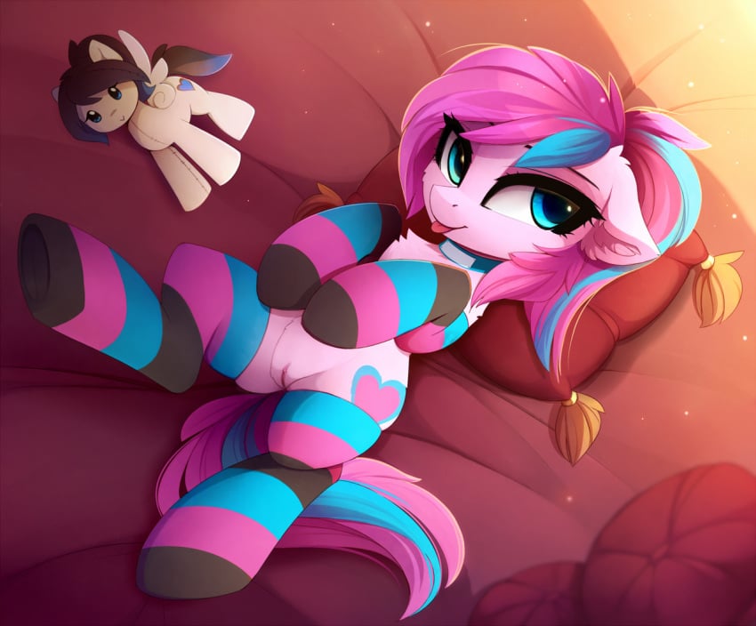 2018 blue_eyes clitoris clothing collar cutie_mark detailed_background equine eyebrows eyelashes female feral fur hair hooves legwear lying magnaluna mammal my_little_pony on_back panda_shade pink_fur pink_hair pussy smile socks solo tongue