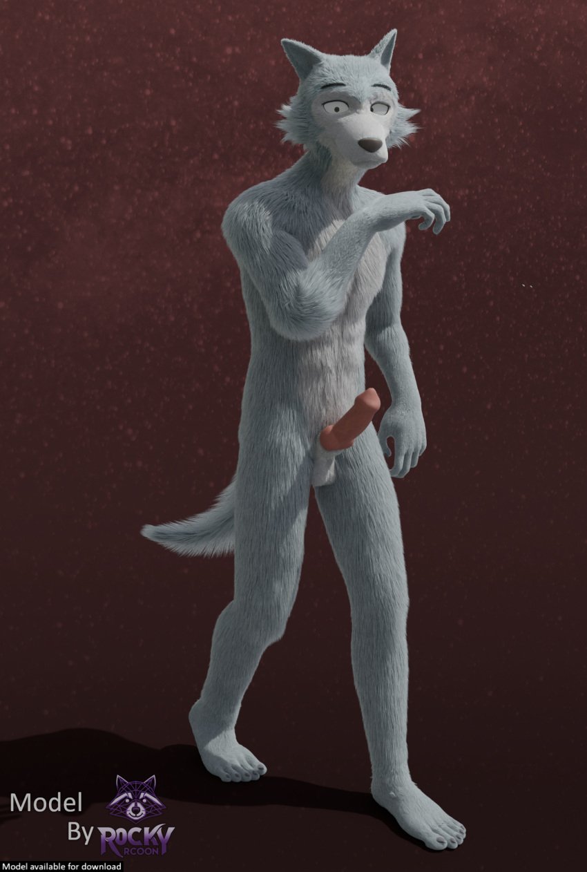 3d_(artwork) animal_genitalia animal_penis anthro balls beastars black_nose blender_(artwork) blue_body blue_fur canid canine canine_genitalia canine_penis canis cheek_tuft claws digital_media_(artwork) english_text erection facial_tuft feet front_view fur genitals hi_res legoshi_(beastars) looking_at_viewer male mammal mouth_closed nude penis pink_penis red_background rockyrcoon simple_background solo standing tail text toe_claws tuft underbelly walking wolf