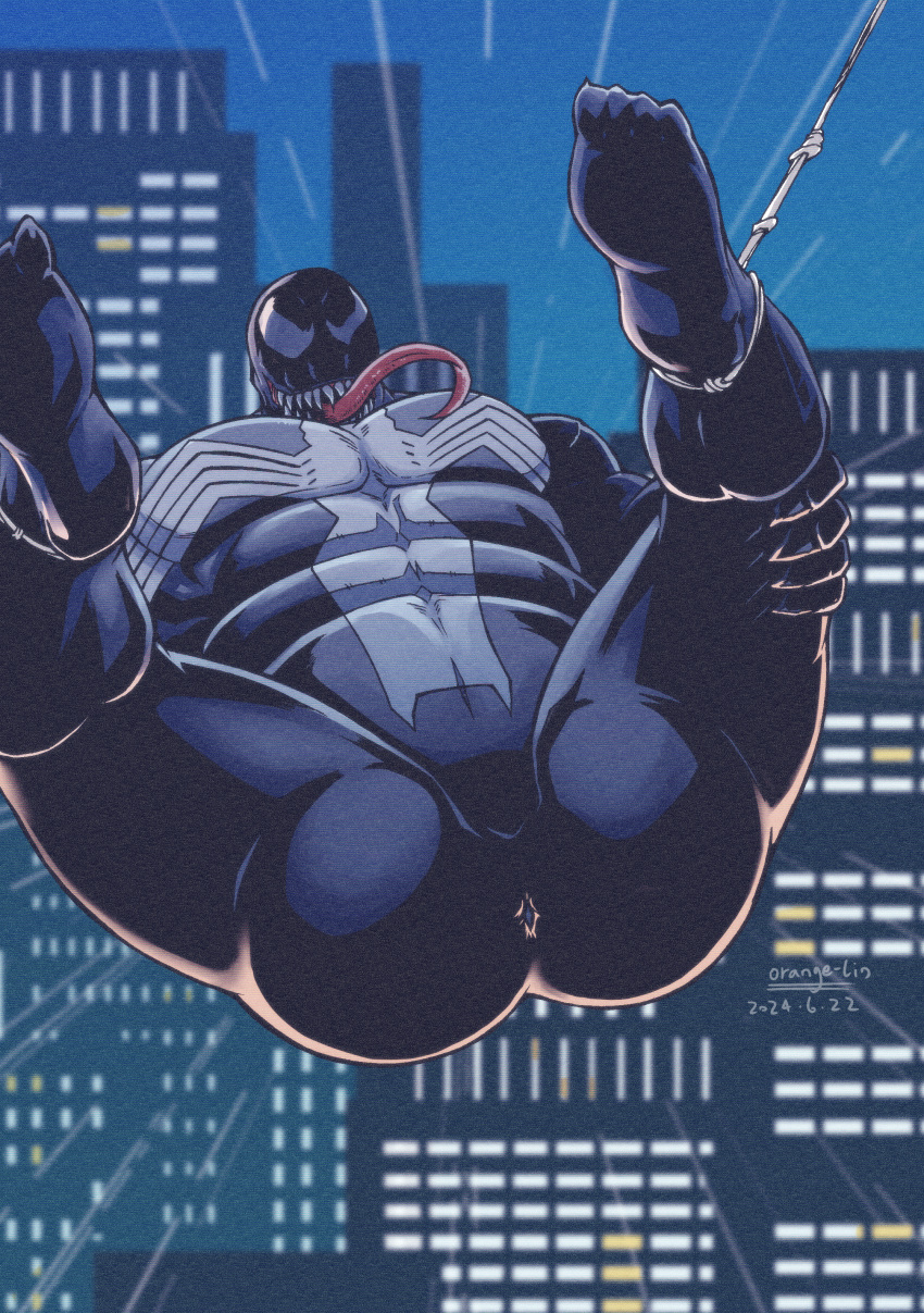 absurd_res alien anus anus_only ass building detailed_background digital_media_(artwork) featureless_crotch feet hi_res humanoid long_tongue looking_at_viewer male marvel muscular orange-lin orange_lin sharp_teeth smile solo symbiote teeth tongue tongue_out venom_(marvel)