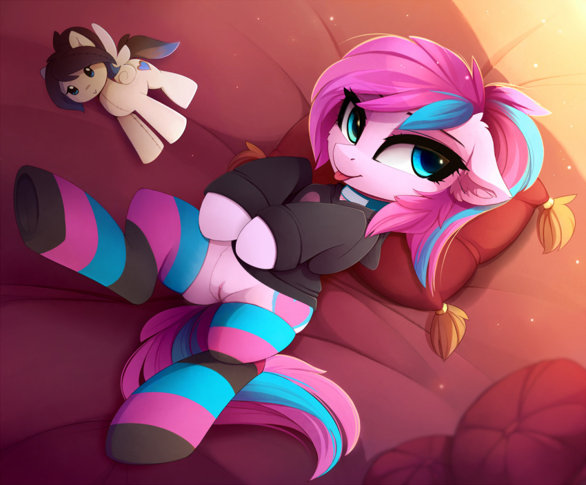 2018 blue_eyes clitoris clothing collar cutie_mark detailed_background equine eyebrows eyelashes female feral fur hair hoodie hooves legwear lying magnaluna mammal my_little_pony on_back panda_shade pink_fur pink_hair pussy smile socks solo tongue