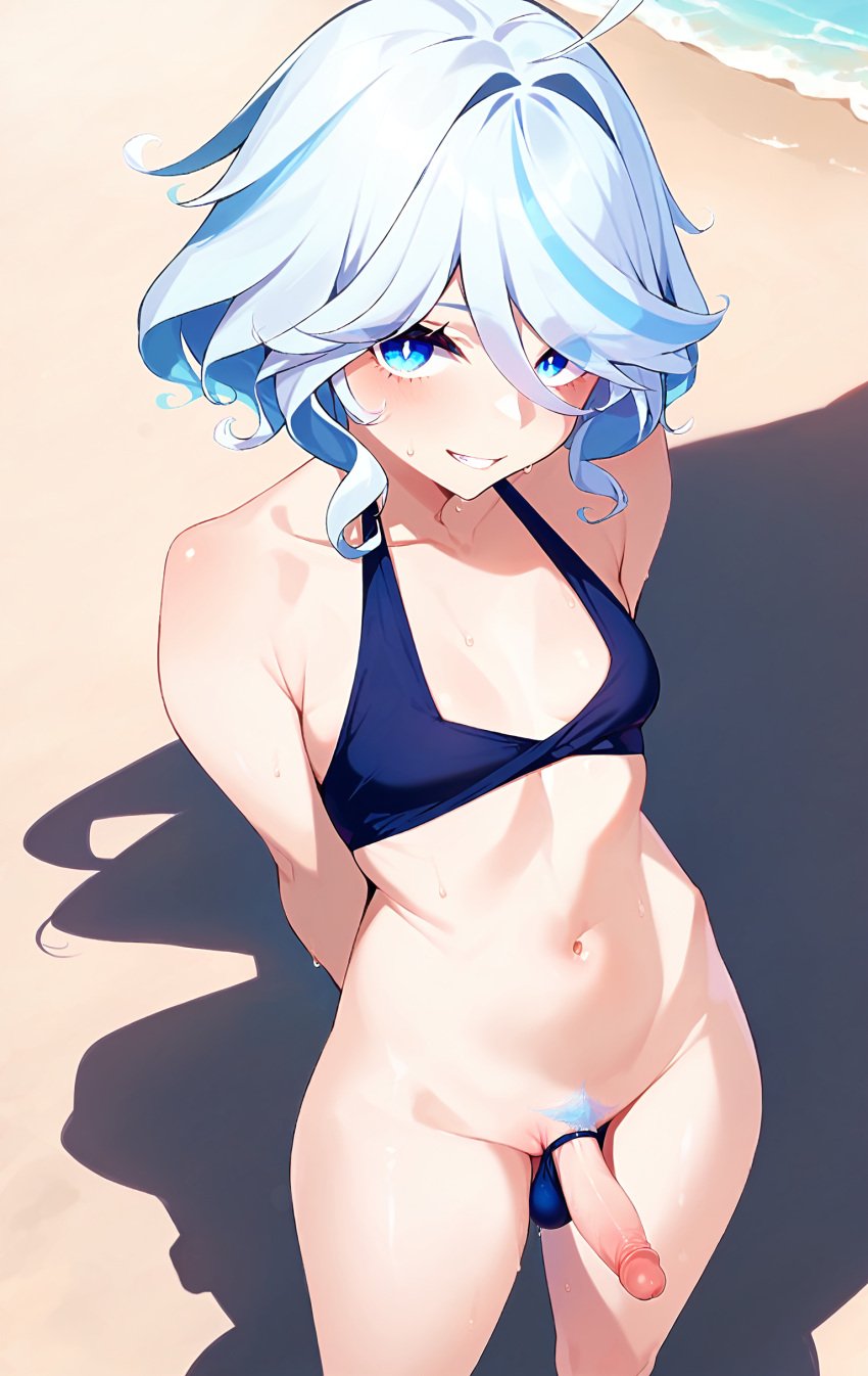 1futa 1futanari ahoge ai_generated arms_behind_back bangs bare_arms bare_legs bare_shoulders bare_thighs beach bigzbig bikini bikini_top blue_eyes blue_hair coast collarbone color colored day daytime furina_(genshin_impact) futa_only futanari genshin_impact grin hair_between_eyes hair_over_one_eye light_blue_hair looking_at_viewer multicolored_hair navel outdoors penis pubic_hair short_hair small_breast small_penis smile solo standing streaked_hair sweat teeth uncensored uncensored_penis water white_hair