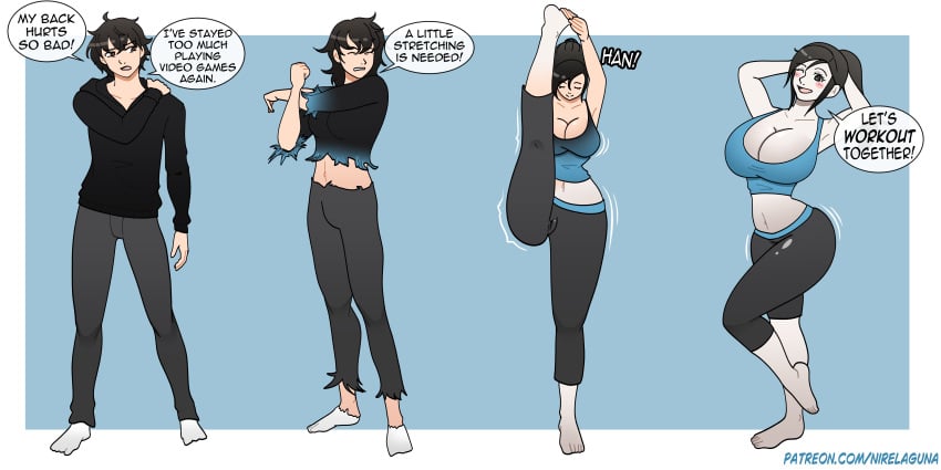 1girls ass_expansion breast_expansion eye_color_change female hair_color_change large_ass large_breasts midriff mtf_transformation navel nirelaguna sportswear thick_thighs thigh_expansion transformation transformation_sequence wii_fit_trainer wii_fit_trainer_(female)