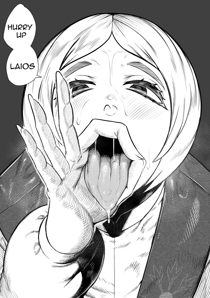 1boy before_blowjob before_sex blowjob_face blowjob_gesture delicious_in_dungeon dungeon_meshi english_text face_closeup feminine fully_clothed green_(artist) monochrome open_mouth saliva_string short_hair speech_bubble sweat teasing yaad yaad_(dungeon_meshi)