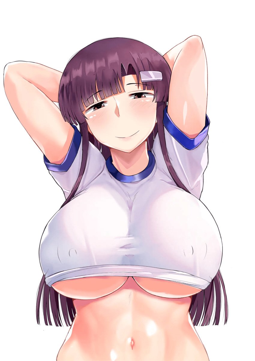 absurd_res armpits arms_behind_head arms_up big_breasts blush breasts color deep_valley doujinshi exposed_belly hair_ornament inkou_kyoushi_no_saimin_seikatsu_shidouroku large_breasts long_hair looking_at_viewer nipple_bulge nipples nipples_visible_through_clothing purple_hair school_uniform schoolgirl shirt short_shirt smile solo solo_female solo_focus stomach white_shirt