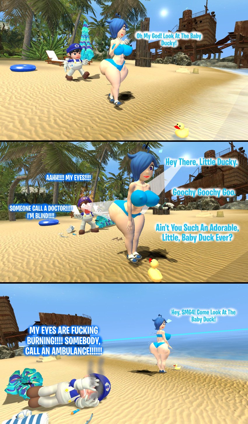 3d 3d_(artwork) beach bending_over big_ass big_breasts blind burning comic cute dialogue duck garry's_mod gmod kaibernation light shiny_ass shiny_butt small_duck smg4 smg4_(character) sun tari_(smg4) text