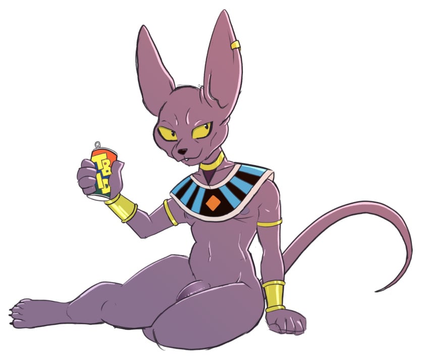 alien anthro beerus beverage bracelet domestic_cat dragon_ball dragon_ball_super dragon_ball_z felid feline felis flaccid genitals hi_res jewelry male male_only mammal navel nude penis purple_body soda solo solo_male tbid yellow_eyes