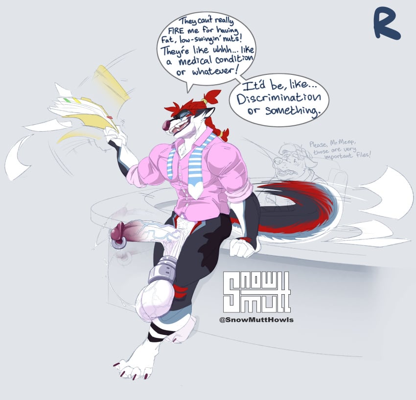 absurd_res anthro ball_stretcher balls balls_cuff big_balls bodily_fluids canid canine canis circumcised clothing exhibitionism genital_fluids genital_piercing genitals glans hair hi_res huge_balls male mammal meeper muscular muscular_thighs necktie penis penis_piercing piercing pink_clothing pink_shirt pink_topwear precum prince_albert_piercing public public_exposure rolled_up_sleeves saggy_balls shirt snowmutt solo solo_focus tied_hair topwear vein veiny_balls veiny_penis wolf working