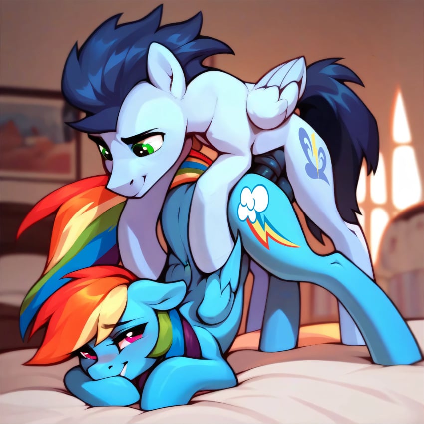 ai_generated ambiguous_penetration balls bed bedroom doggy_style equine face_down_ass_up folded_wings horsecock my_little_pony pony rainbow_dash_(mlp) smiling soarin_(mlp)