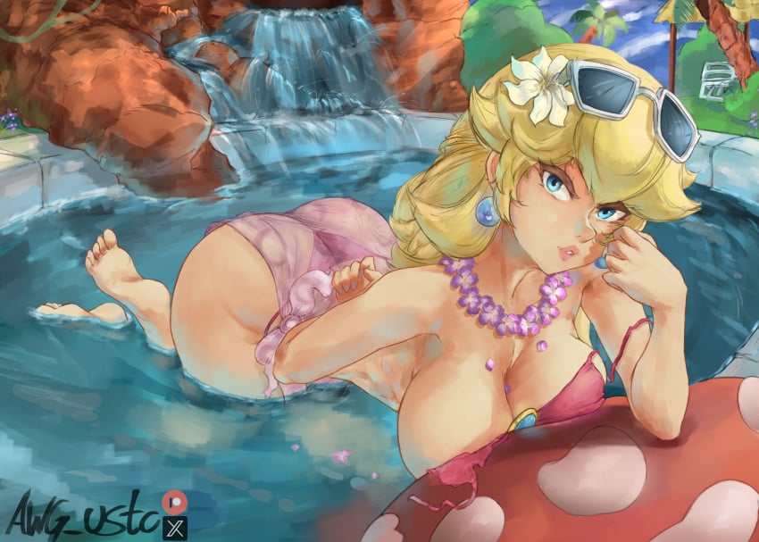 awg_usto big_breasts mario_(series) nintendo princess_peach see-through spa super_mario_odyssey swimsuit