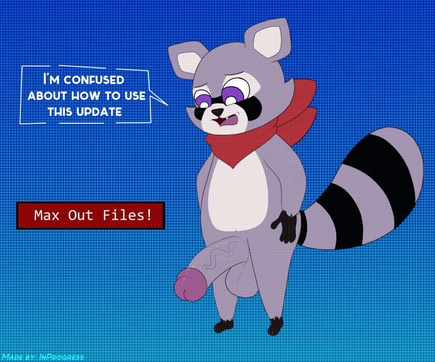 absurd_res anthro balls computer computer_screen confusion dialogue electronics file genitals hi_res indigo_park inprogress male mammal mascot penis procyonid raccoon rambley_(indigo_park) scarf solo