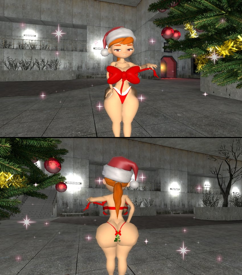 3d 3d_(artwork) ass_crack big_ass big_breasts bow_bra bow_ribbon christmas christmas_tree female_only garry's_mod gift_wrapped gmod huge_ass human_meggy kaibernation meggy_spletzer mistletoe_on_ass panties santa_hat shiny_ass shiny_legs smg4 thick