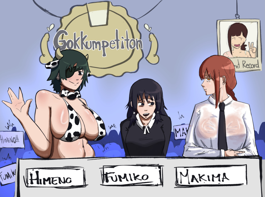 3girls bikini chainsaw_man cow_print fumiko_mifune_(chainsaw_man) higashiyama_kobeni himeno_(chainsaw_man) makima_(chainsaw_man) multiple_girls sexshopydibujos