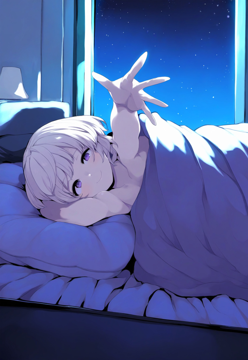 1boy ai_generated cuddling femboy jonnyjonn night no_sex novelai oc original_character pale_skin sleepy thanatos_(jonnyjonn) topless wanting_hug white_hair wholesome_end