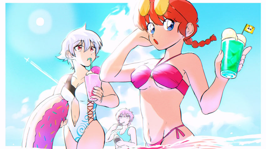 3girls beach bikini blue_eyes braid braided_hair canon_genderswap crossover drink drinking female female_only genderswap_(mtf) ginko_sakata gintama gintoki_sakata innertube kasakasagogo looking_at_viewer medium_breasts one-piece_swimsuit orange_hair pink_hair ranma-chan ranma_1/2 ranma_saotome red_eyes red_hair rule_63 saiki_kusuko saiki_kusuo saiki_kusuo_no_psi_nan short_hair sunglasses sunglasses_on_head swimsuit underboob very_short_hair