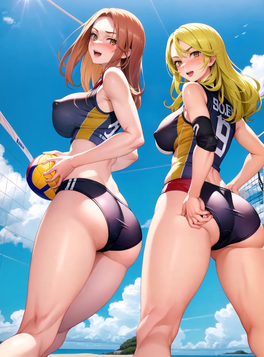 ai_generated blonde_hair buruma emma_sano huge_ass large_breasts long_hair looking_at_viewer looking_back on_back orange_hair tokyo_revengers volleyball volleyball_(ball) volleyball_uniform yellow_eyes yuzuha_shiba