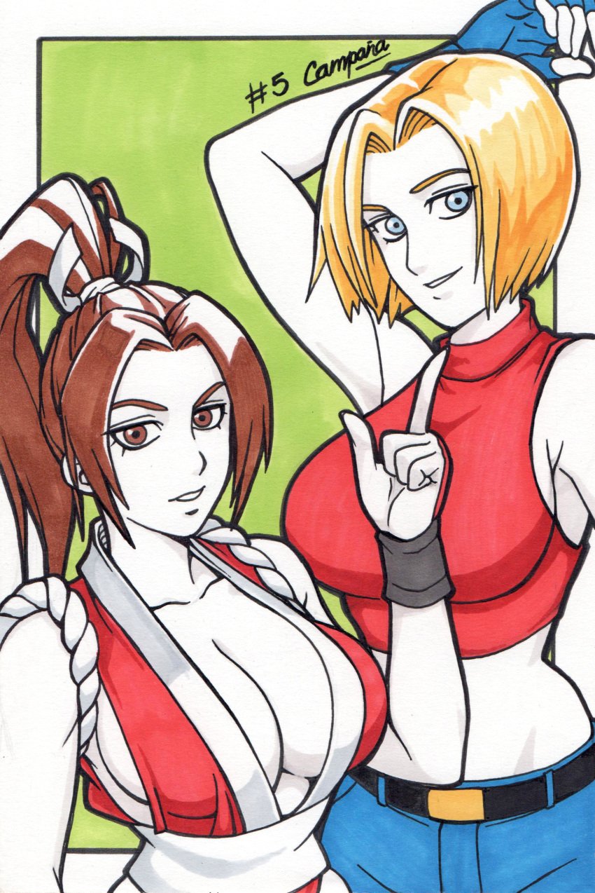 2girls arm_behind_head armpits big_breasts blonde_hair blue_eyes blue_male_swimwear blue_mary breasts brown_eyes brown_hair busty cleavage curvy denim fatal_fury female female_only fingerless_gloves fully_clothed gloves highres index_finger_raised jeans king_of_fighters large_breasts legs long_hair looking_at_viewer mai_shiranui male_swimwear midriff multiple_girls pants parted_lips ponytail sensual short_hair sideboob smile snk thighs traditional_media voluptuous