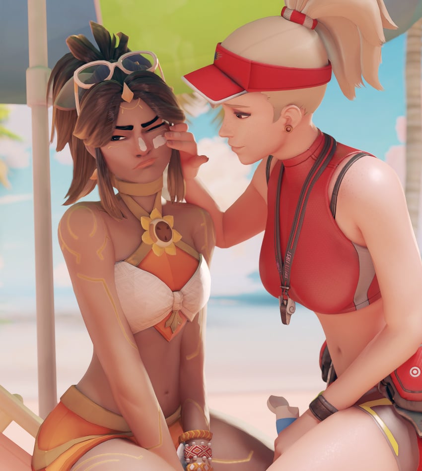 2girls 3d absurdres alternate_eye_color applying_sunscreen bare_shoulders beach beach_umbrella blonde_hair blurry body_freckles bracelet breasts brown_eyes brown_hair closed_mouth cloud commentary crop_top dark-skinned_female dark_skin depth_of_field english_commentary english_text eyewear_on_head freckles fugtrup hat high_ponytail highres horizon illari_(overwatch) illari_quispe_ruiz jewelry large_breasts lifeguard lifeguard_mercy light_frown light_smile long_hair looking_at_another medium_breasts mercy midriff multiple_girls navel outdoors overwatch overwatch_2 palm_tree peruvian_female ponytail poolside_illari protected_link red_hat sfw shoulder_freckles sitting summer_games_series swiss_female tree umbrella visor_cap water whistle whistle_around_neck white-framed_eyewear wholesome