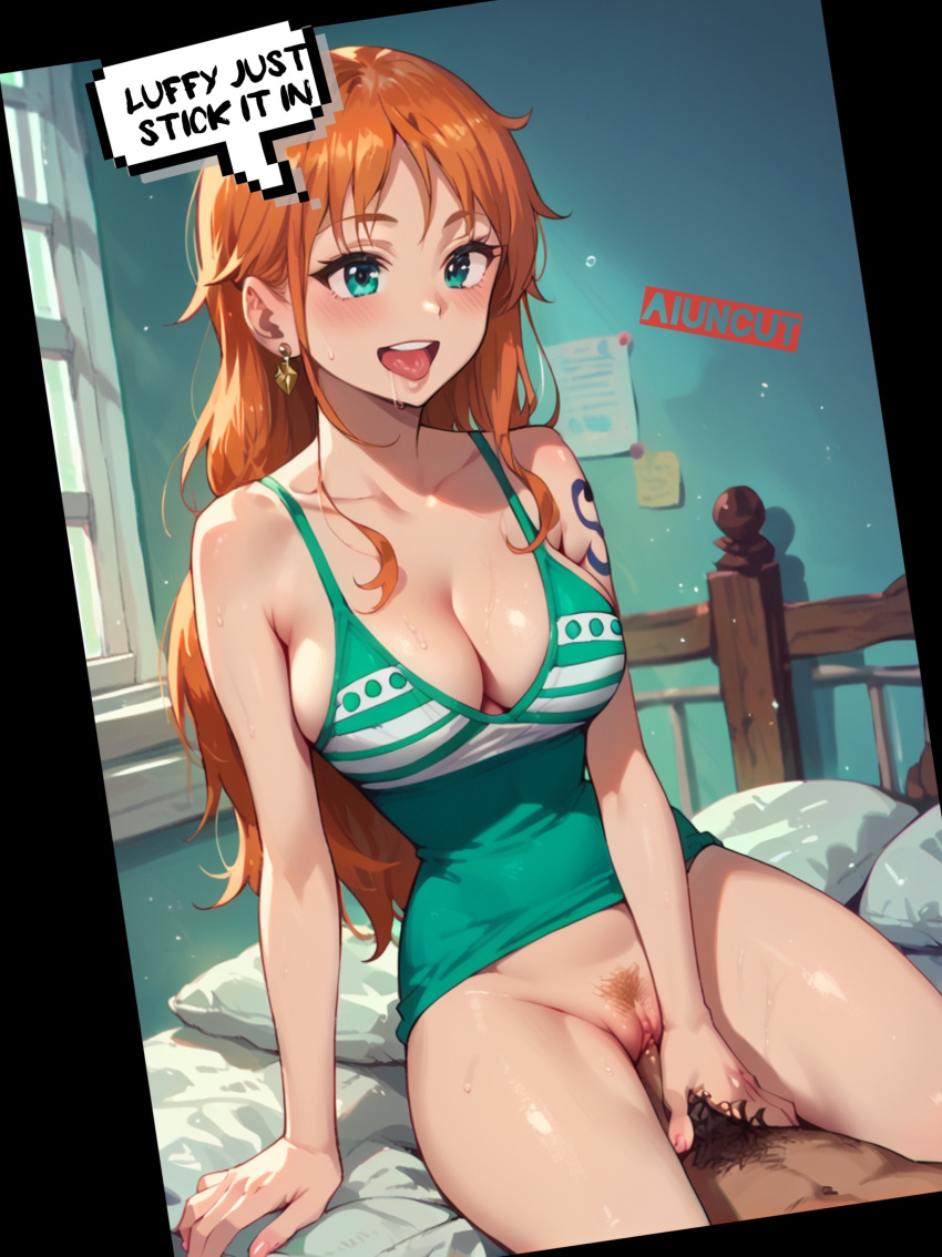 1boy 1girls ai_generated artist_request blushing bottomless breasts cleavage earrings female girl_on_top green_eyes guiding_penis long_hair male nami nami_(one_piece) one_piece orange_hair penis post-timeskip pubic_hair pussy shoulder_tattoo speech_bubble vaginal_penetration vaginal_sex