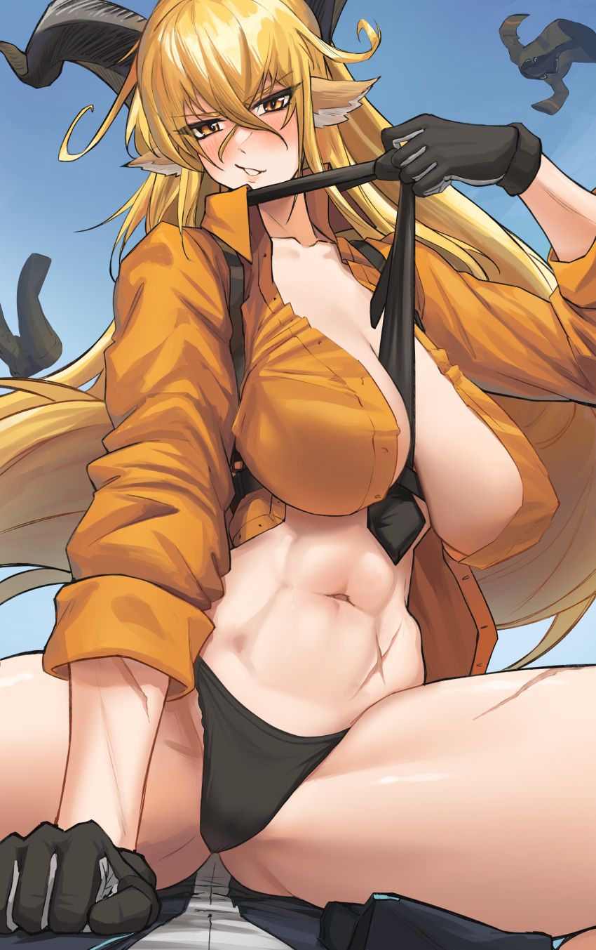 1boy 1girls 2024 animal_ears arknights big_breasts blonde_hair breasts cowgirl_position degenbrecher_(arknights) doctor_(arknights) female_on_top goat_ears goat_girl goat_horns hi_res highres horns imminent_sex kemonomimi legs_apart light-skinned_female light_skin looking_at_viewer no_bra panties radioneet spread_legs thick_thighs thighs tie tie_between_breasts