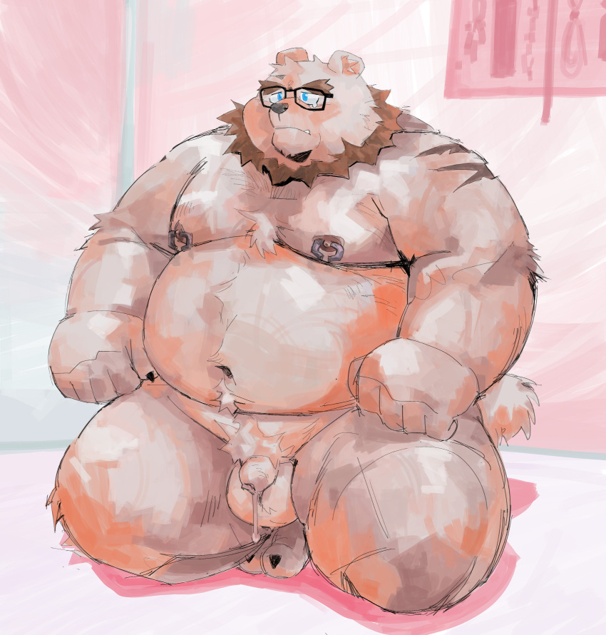 2024 absurd_res anthro bear belly big_belly brown_body eyewear genitals glasses hi_res kemono male mammal moobs navel nipples overweight overweight_male penis small_penis solo tuokemao