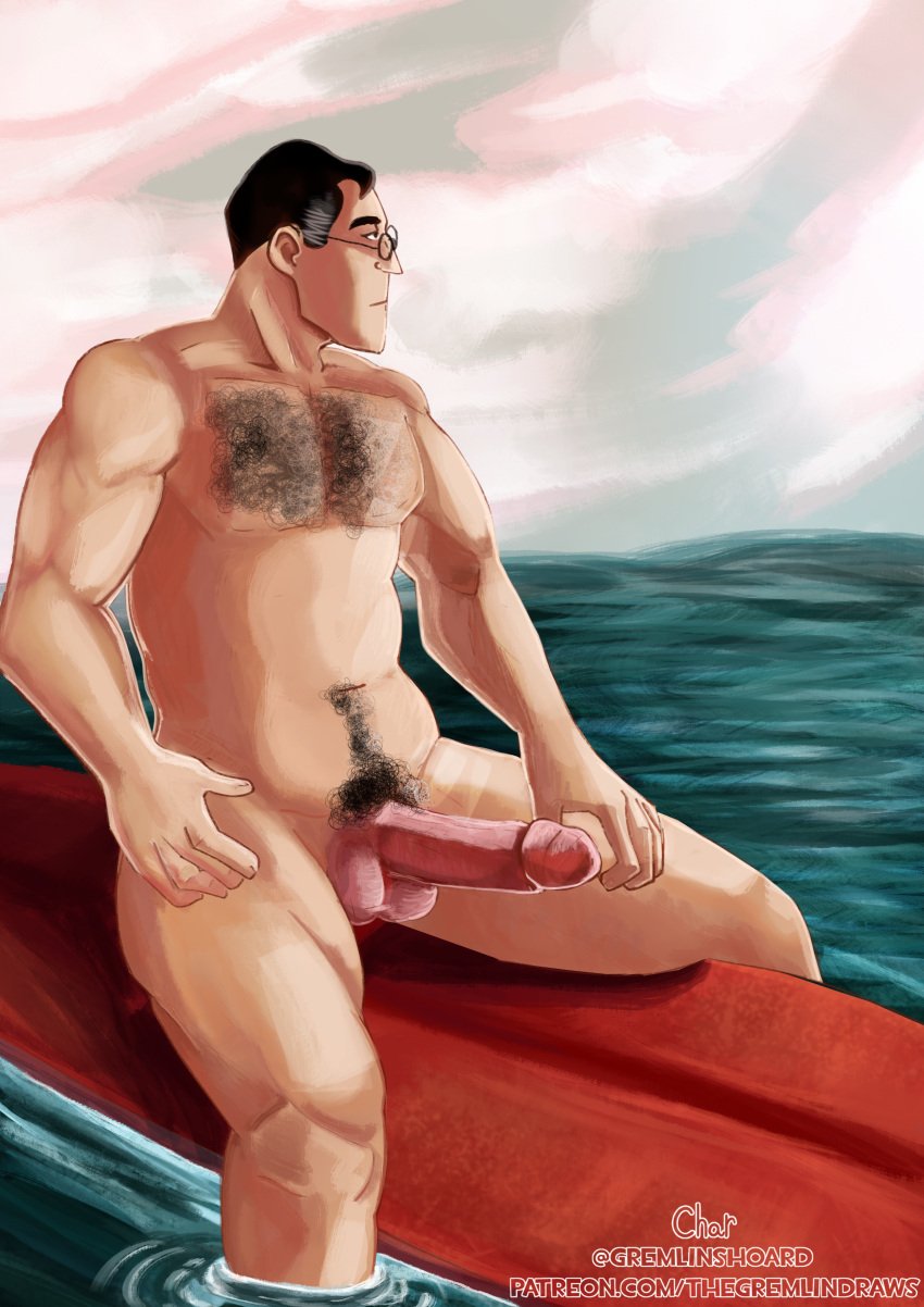 belly dilf gremlinshoard hairy_chest huge_cock medic_(team_fortress_2) pubic_hair public public_nudity solo_male surfboard team_fortress_2 tf2