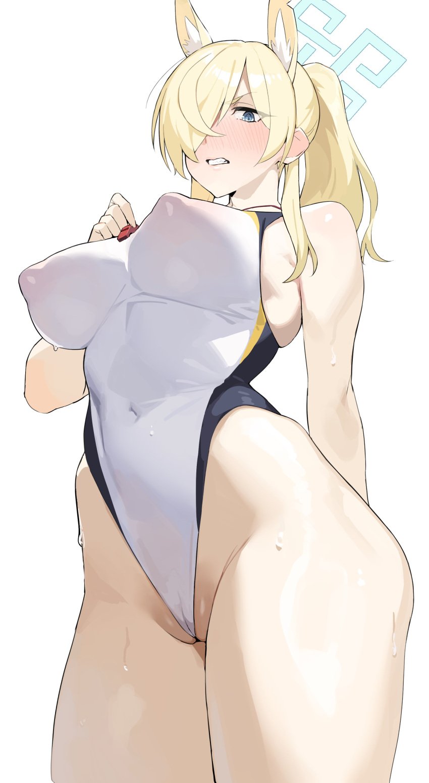 1girls animal_ears blue_archive blush cleft_of_venus dwayne_hakkai_2 engawumai_(dwayne_hakkai_2) female female_only kanna_(blue_archive) kanna_(swimsuit)_(blue_archive) kt_(kusare171) light-skinned_female light_skin nipple_bulge one-piece_swimsuit public public_peace_bureau_(blue_archive) solo valkyrie_police_school_student