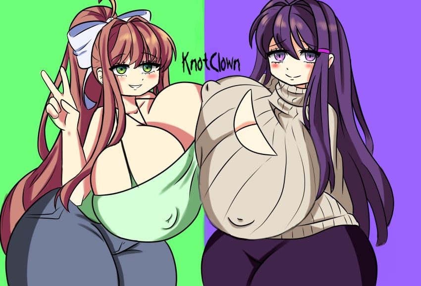 2girls big_breasts billybarson blush breast_cutout breast_squish doki_doki_literature_club embarrassed female_only huge_breasts keyhole_turtleneck monika_(doki_doki_literature_club) multiple_girls peace_sign royalmcgun77 smile sweater yuri_(doki_doki_literature_club)