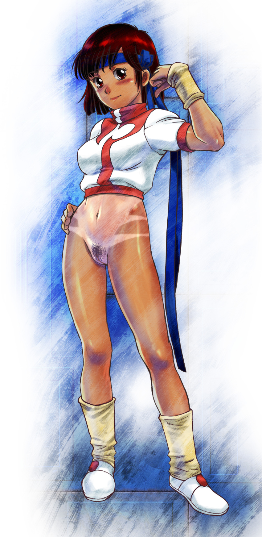 1980s_(style) absurdres arm_up blue_headband blush bottomless breasts brown_eyes brown_hair commentary_request female female_pubic_hair full_body gunbuster hachimaki hand_on_own_hip headband highres kneehighs looking_at_viewer loose_socks medium_breasts noriko_takaya one-piece_tan pubic_hair pussy retro_artstyle revealing_tanlines shirt shoes short_hair short_sleeves single_vertical_stripe smile sneakers socks solo standing takaya_noriko tama-san_daioh tan tanlines top_wo_nerae! variant_set white_footwear white_shirt white_socks wristband yellow_socks yellow_wristband