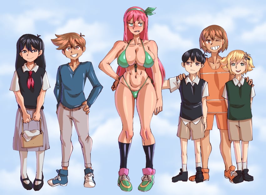 2girls 4boys aubrey_(omori) basil_(omori) big_breasts bikini bitting_lip blush blushing hero_(omori) kel_(omori) mari_(omori) nonosamu omori pink_hair sunburn_(omori) sunny_(omori) taller_girl