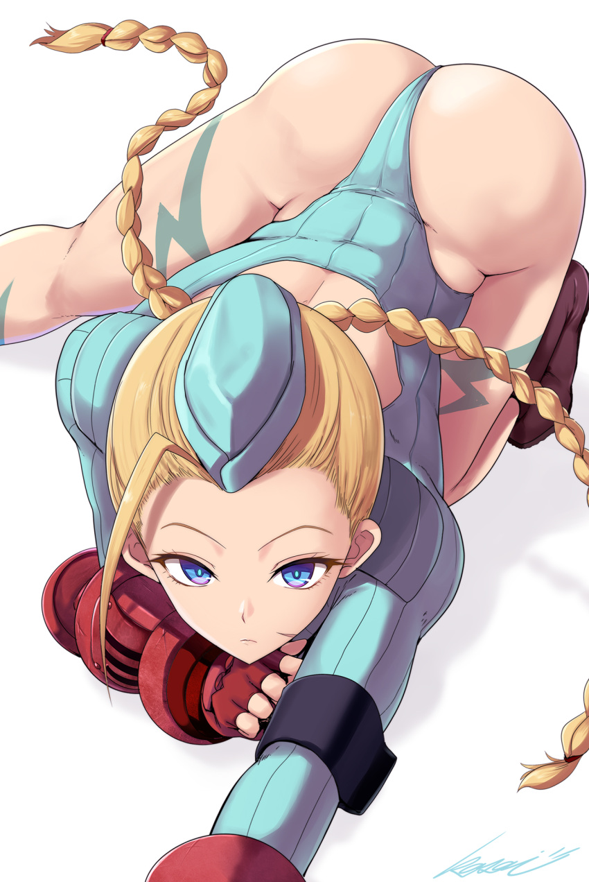 1girls alternate_costume ass beret big_ass blonde_hair blue_eyes blue_leotard body_paint braid braided_hair cammy_white capcom female female_only footwear garrison_cap gauntlets hair handwear hat headwear huge_ass kasai_shin legs leotard solo solo_female street_fighter street_fighter_alpha thighs thong_leotard