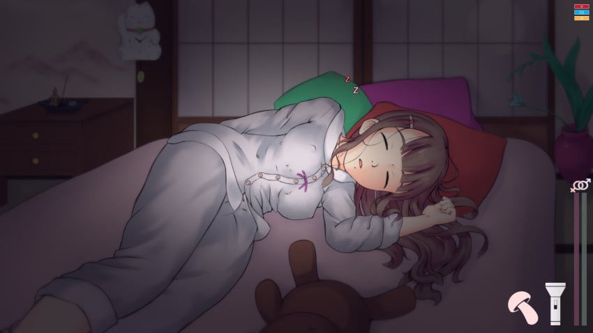 1girls abuse bed bedroom brown_hair dark_room female flashlight game hentai_game incest medium_ass medium_breasts medium_hair medium_thighs night_attack_on_little_sis! open_mouth pajamas sleeping teenager without_consent younger_sister