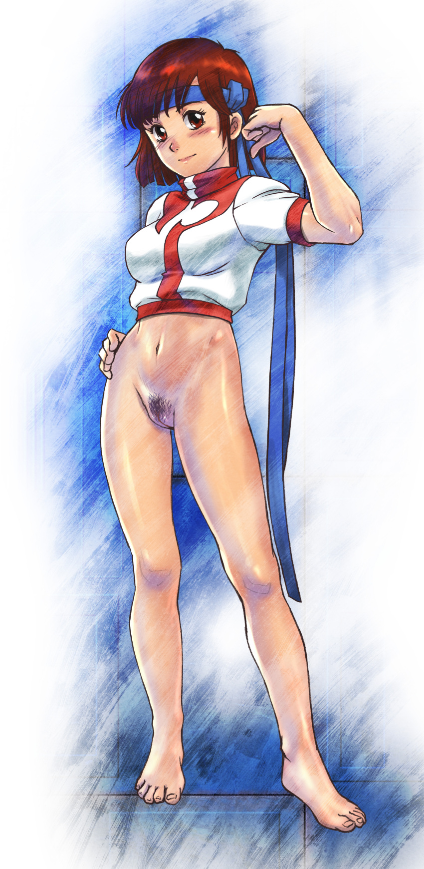 1980s_(style) absurdres arm_up barefoot blue_headband blush bottomless breasts brown_eyes brown_hair commentary_request female female_pubic_hair full_body gainax gunbuster hachimaki hand_on_own_hip headband highres looking_at_viewer medium_breasts navel pubic_hair pussy retro_artstyle shirt short_hair short_sleeves single_vertical_stripe smile solo standing takaya_noriko tama-san_daioh toes top_wo_nerae! variant_set white_shirt