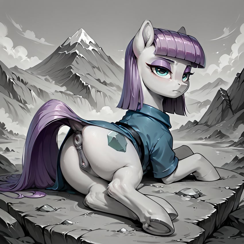 ai_generated animal_genitalia animal_pussy anus ass dock earth_pony equid equine equine_genitalia equine_pussy female_feral feral feral_only friendship_is_magic furry hasbro hood hooves horse mammal maud_pie_(mlp) my_little_pony pony purple_hair pussy solo tail