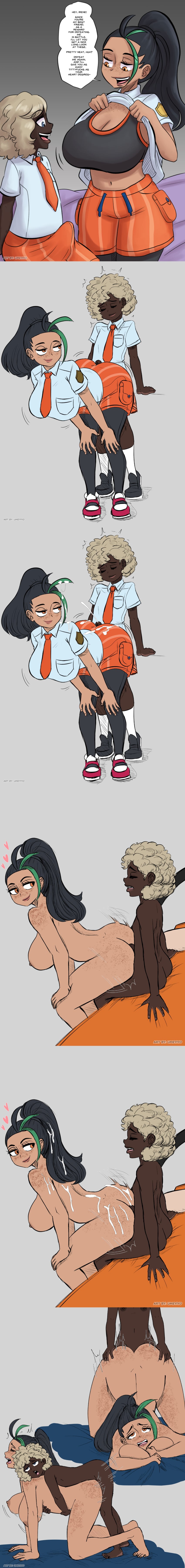 1boy 1girl1boy 1girls artist_request ass brown_skin buttjob cum cum_on_body from_behind nemona_(pokemon) pokemon sex