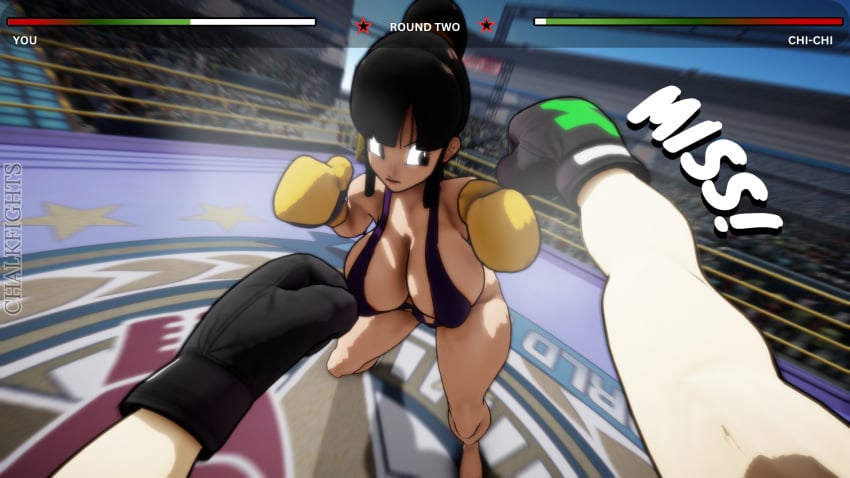 1boy 1girls 3d 3d_(artwork) anon big_breasts boxing boxing_gloves boxing_ring breasts chalkfights chichi cleavage dodge dodging dragon_ball dragon_ball_z femdom fight fighting fighting_ring hair_bun health_bar huge_breasts large_breasts milf mixed_boxing pov pov_boxing punch punching slingshot_swimsuit swimsuit thick thick_thighs thighs wide_hips