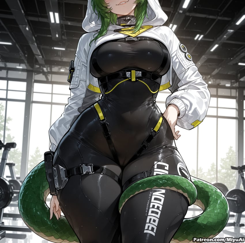 1girl ai_assisted ai_generated arknights arknights:_endfield black_leotard bodysuit breasts curvaceous curvy curvy_female curvy_figure female fluorite_(arknights:_endfield) green_hair hand_on_hip hood large_breasts miyuai solo tail teeth thick thick_ass thick_butt thick_hips thick_legs thick_thighs thigh_strap thighs voluptuous voluptuous_female wide_hips wide_thighs zipper