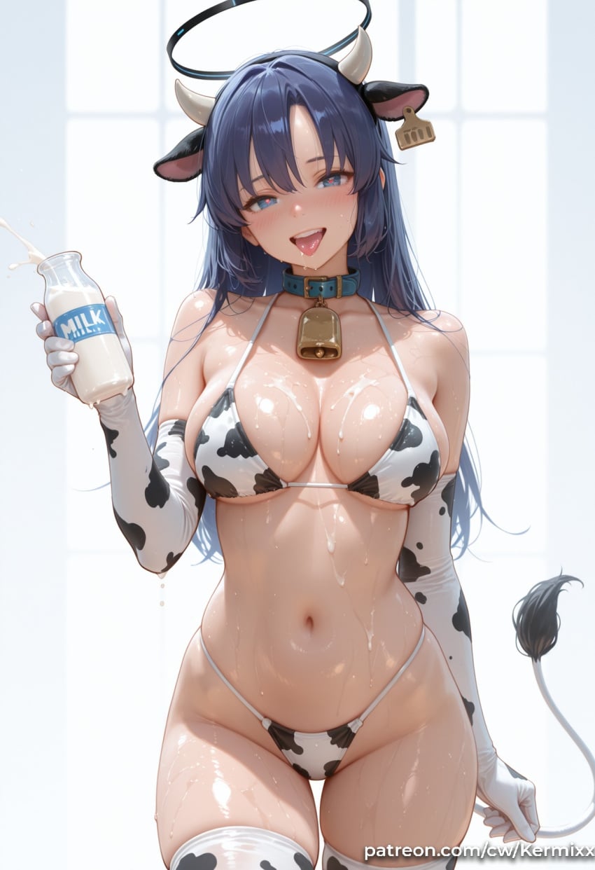 1girl 2026 8k ai_generated alternate_costume animal_ears animal_print bare_shoulders bell belt_collar bikini black_halo blue_archive blue_collar blue_eyes blue_hair blush bottle breasts cleavage collar collarbone cow_ears cow_girl cow_horns cow_print cow_print_bikini cow_tail cowbell cowboy_shot elbow_gloves fake_animal_ears gloves groin halo hand_up heart heart-shaped_pupils highleg highleg_bikini holding holding_bottle horns kermixx large_breasts long_hair looking_at_viewer mechanical_halo milk milk_bottle navel neck_bell open_mouth patreon_username print_bikini print_gloves print_thighhighs purple_hair sideboob skindentation smile solo stomach string_bikini suggestive_fluid swimsuit symbol-shaped_pupils tail thighhighs thighs tongue tongue_out wet white_gloves white_thighhighs yuuka_(blue_archive)