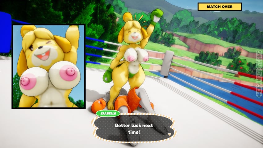 1boy 1girls 3d 3d_(artwork) after_fight anchor animal_crossing anon anthro_female barefoot big_breasts big_thighs boxing boxing_gloves boxing_ring breasts chalkfights curvy curvy_female defeated defeated_male dialogue_box duo english english_text female female/male female_anthro female_anthro/male_human femdom fighting_ring furry green_bikini_bottom green_boxing_gloves green_gloves health_bar human_male isabelle_(animal_crossing) kabalmystic_(style) large_breasts male male/female male_human male_human/female_anthro mixed_boxing nintendo nipples open_mouth orange_boxing_gloves orange_gloves orange_shorts outdoors text thick thick_hips thick_thighs thighs topless_female wide_hips yellow_hair