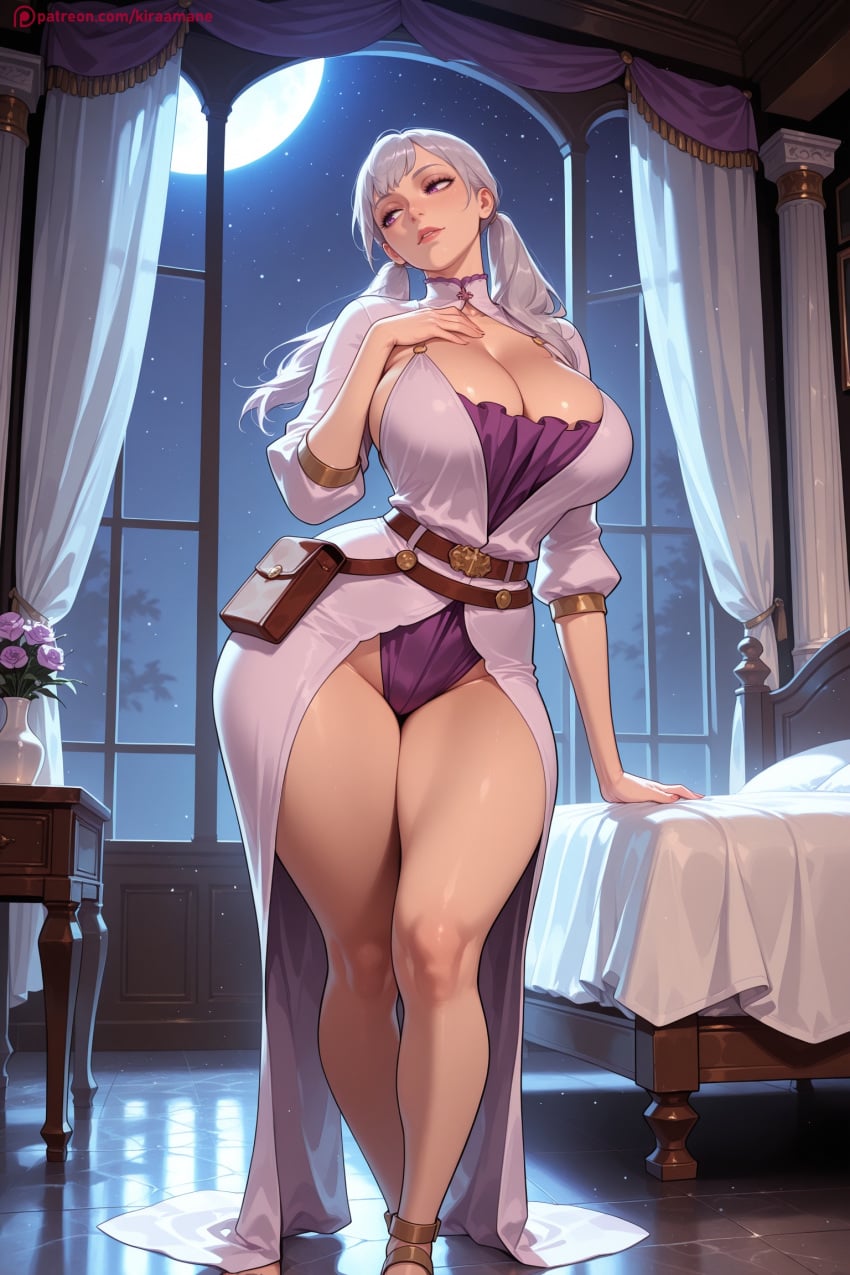 1girl ai_generated belt black_clover breasts cleavage curtains curvy dress hand_on_own_chest hi_res high_quality high_resolution huge_breasts kiraamane lips long_hair looking_at_viewer moon night noelle_silva patreon purple_panties seductive sexy silver_hair sky solo thick_thighs thighs uncensored watermark window