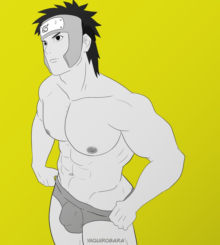 1boy abs bara big_pecs briefs briefs_only bulge forehead_protector gay headband human human_only male male_chest male_focus male_nipples male_only monochrome muscles muscular muscular_male naruto naruto_shippuden no_pants pecs pectorals solo solo_focus solo_male topless uncensored underwear underwear_only yamato_(naruto) yaquirobara yellow_background