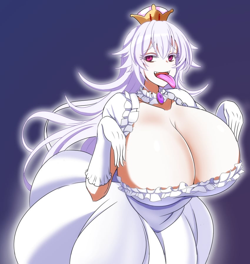 big_breasts boosette breasts crown female female_only ghost huge_breasts kuri039 mario_(series) new_super_mario_bros._u_deluxe nintendo red_eyes tongue tongue_out white_hair