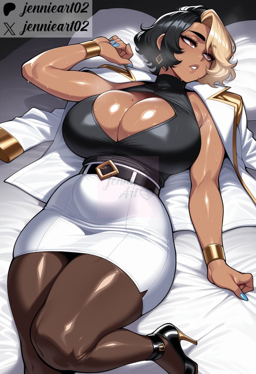 1girl ai_generated artist_name bed bed_sheet belt black_belt black_footwear black_hair blonde_hair blue_nails bracelet breasts brown_pantyhose cleavage cleavage_cutout clothing clothing_cutout curvy dark-skinned_female dark_skin domina earrings female footwear high-waist_skirt high_heels huge_breasts jacket jacket_on_shoulders jennieart02 jewelry large_breasts lying mature_female miniskirt mole mole_on_breast multicolored_hair nail_polish office_lady on_back on_bed overwatch overwatch_2 pantyhose parted_lips patreon patreon_logo patreon_username pencil_skirt pillow plump sheet_grab shirt shoes short_hair skirt sleeveless solo split-color_hair thick_eyebrows thick_thighs thighs twitter twitter_username two-tone_hair watermark white_jacket white_skirt